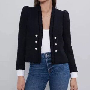 ZARA Black Tweed Puff Shoulder Gem Crystal Button Jacket Large